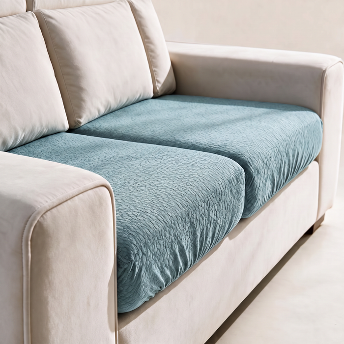 Waterproof Sky Blue fitted sofa cushion covers — A textured, fitted finish