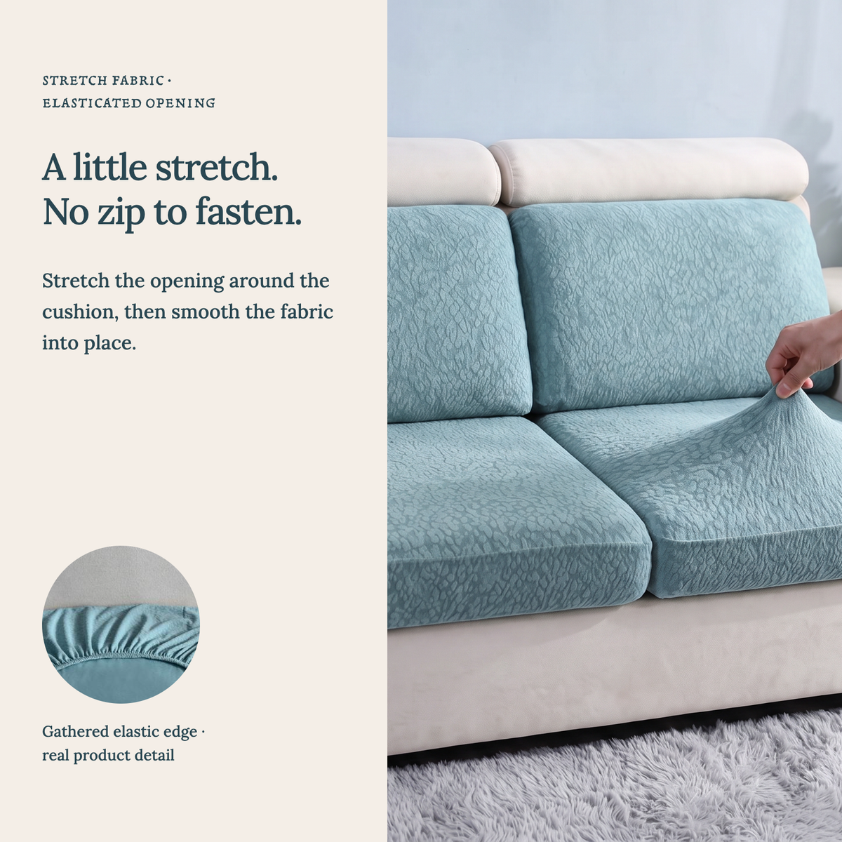 Waterproof Sky Blue fitted sofa cushion covers — A little stretch. No zip to fasten.