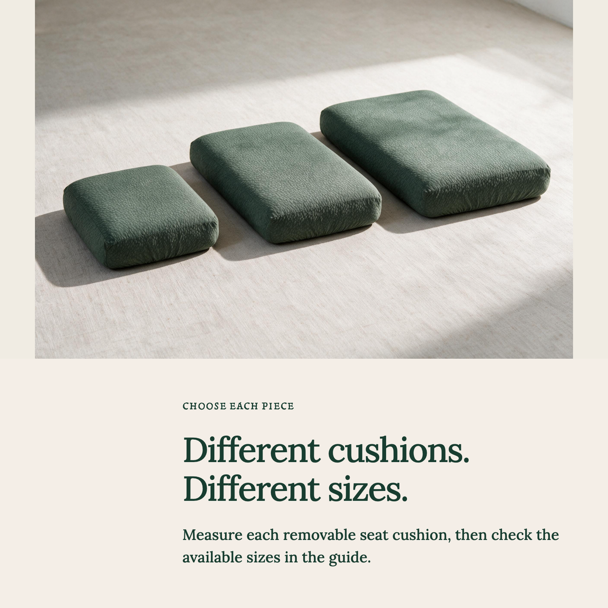 Waterproof Forest Green fitted sofa cushion covers — Choose the right cushion size