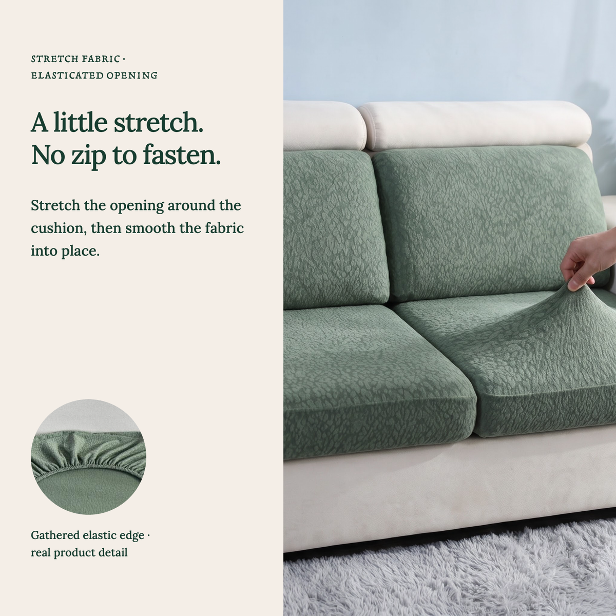 Waterproof Forest Green fitted sofa cushion covers — A little stretch. No zip to fasten.