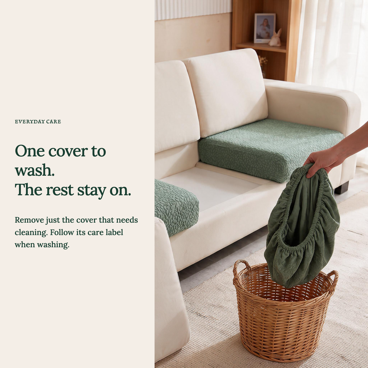 Waterproof Forest Green fitted sofa cushion covers — One cover to wash. The rest stay on.