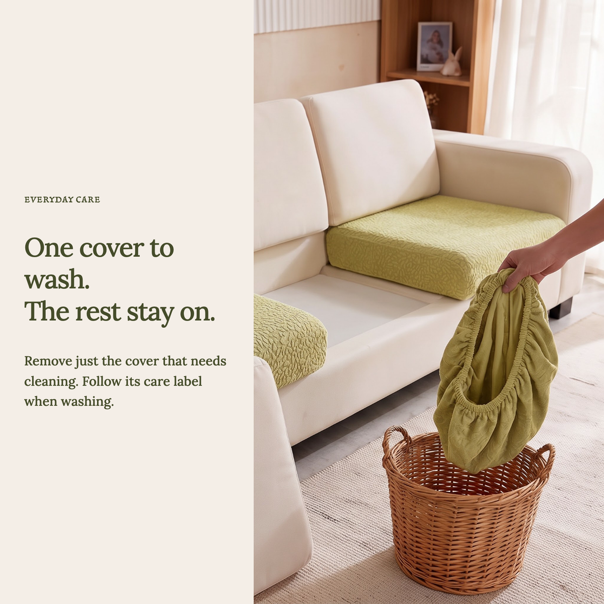 Waterproof Yellow Green fitted sofa cushion covers — One cover to wash. The rest stay on.