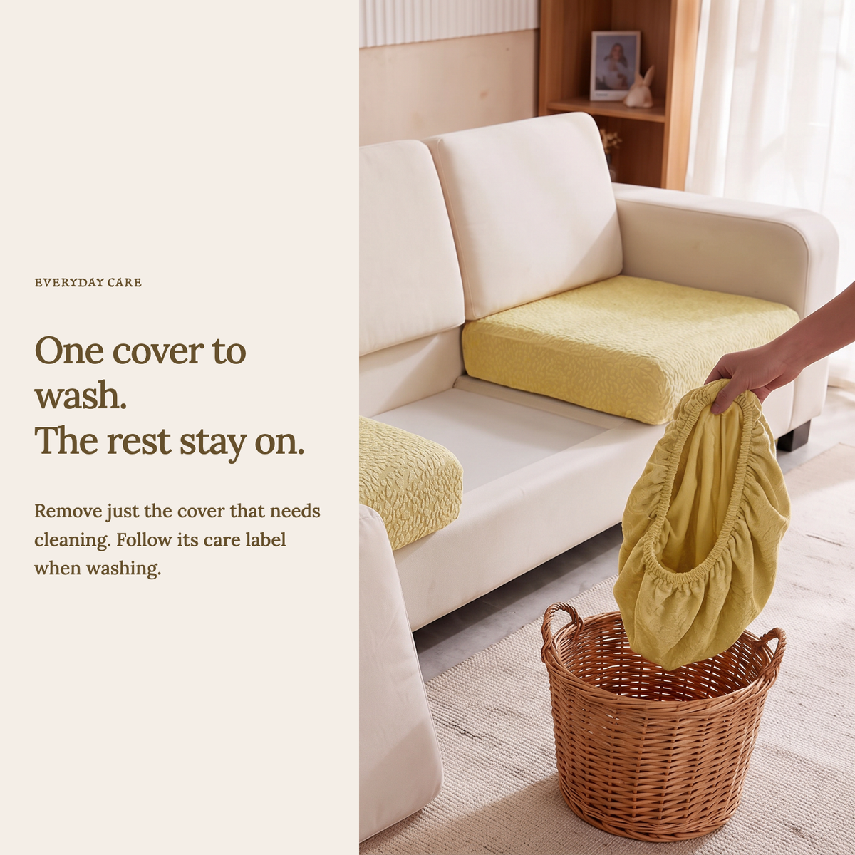 Waterproof Yellow fitted sofa cushion covers — One cover to wash. The rest stay on.
