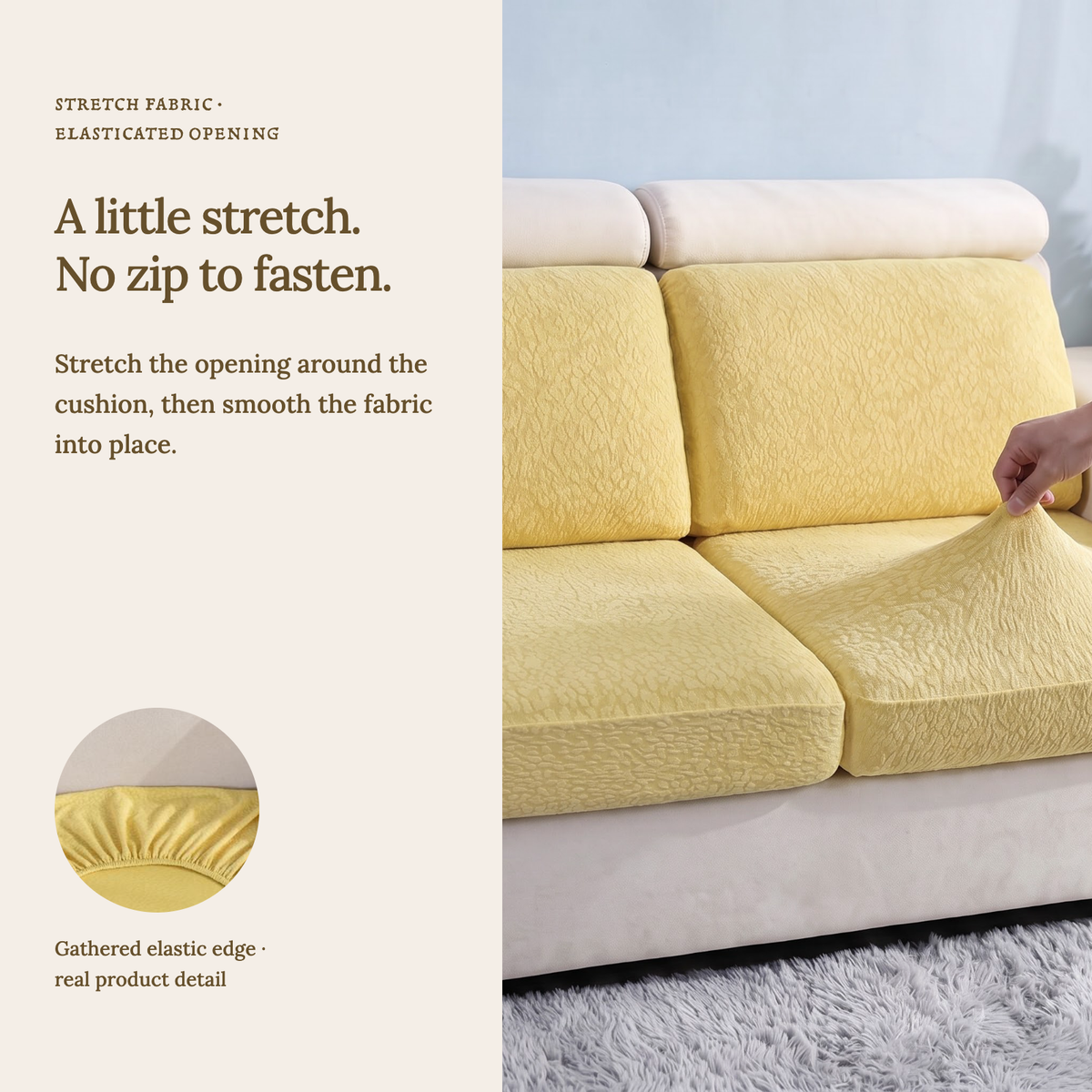 Waterproof Yellow fitted sofa cushion covers — A little stretch. No zip to fasten.