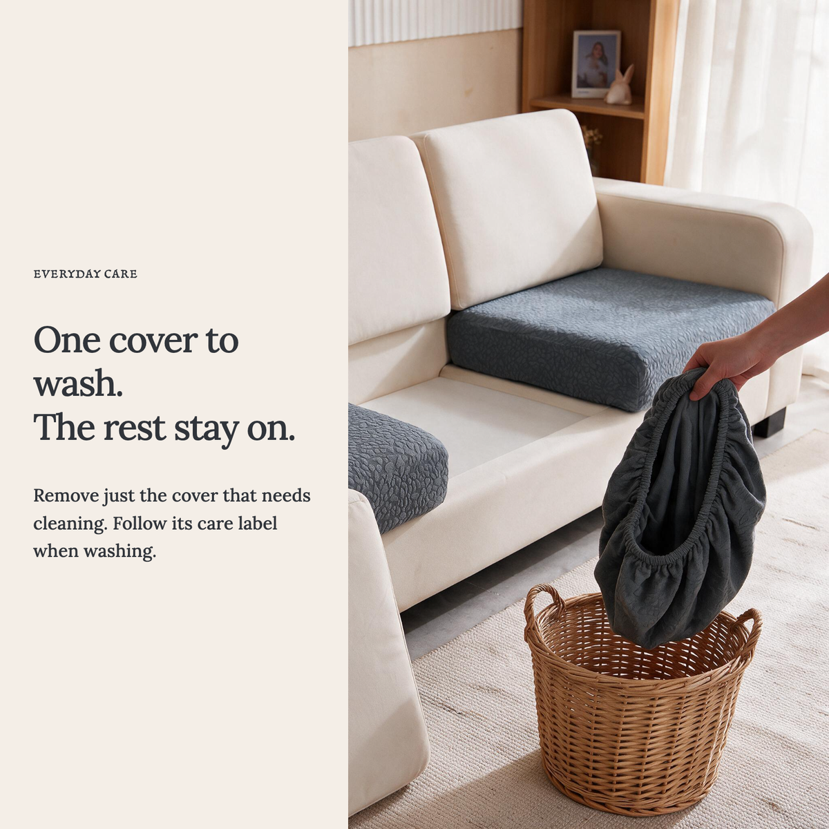 Waterproof Dark Grey fitted sofa cushion covers — One cover to wash. The rest stay on.