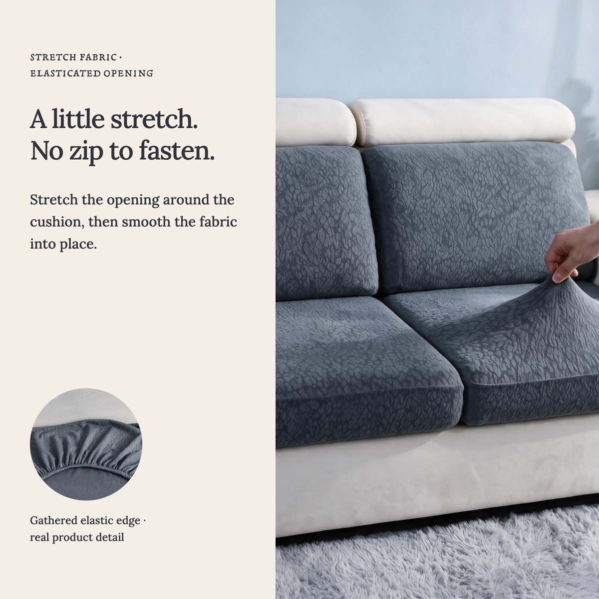 Waterproof Dark Grey fitted sofa cushion covers — A little stretch. No zip to fasten.