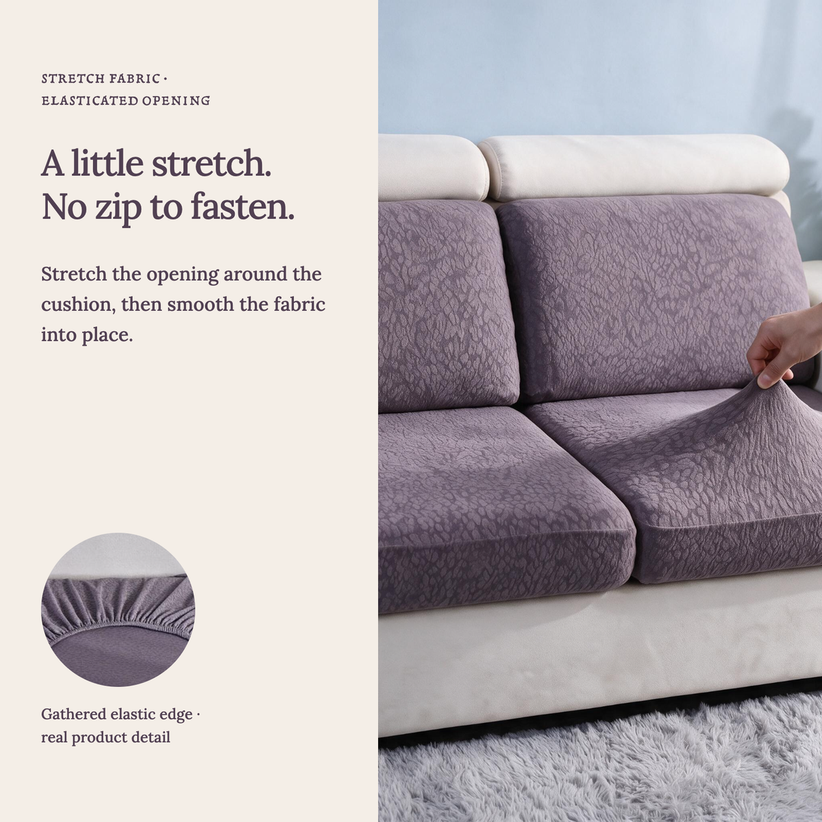 Waterproof Purple fitted sofa cushion covers — A little stretch. No zip to fasten.