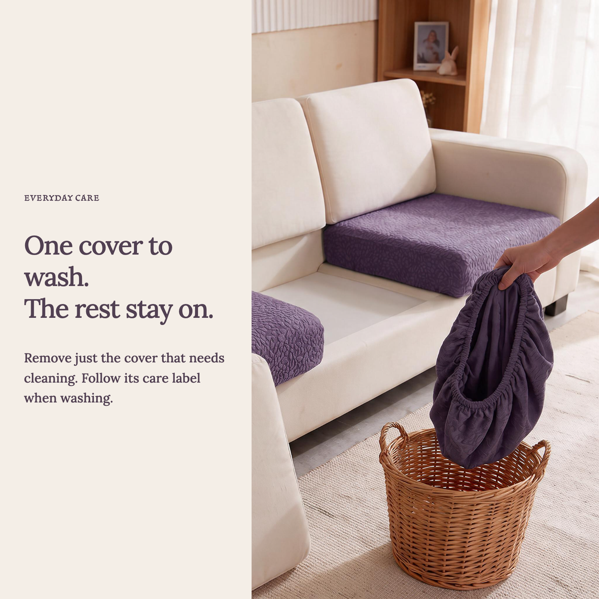 Waterproof Purple fitted sofa cushion covers — One cover to wash. The rest stay on.