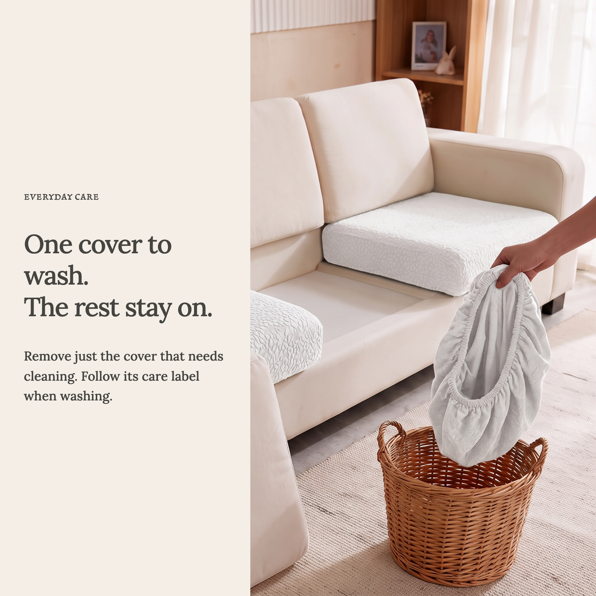 Waterproof White fitted sofa cushion covers — One cover to wash. The rest stay on.