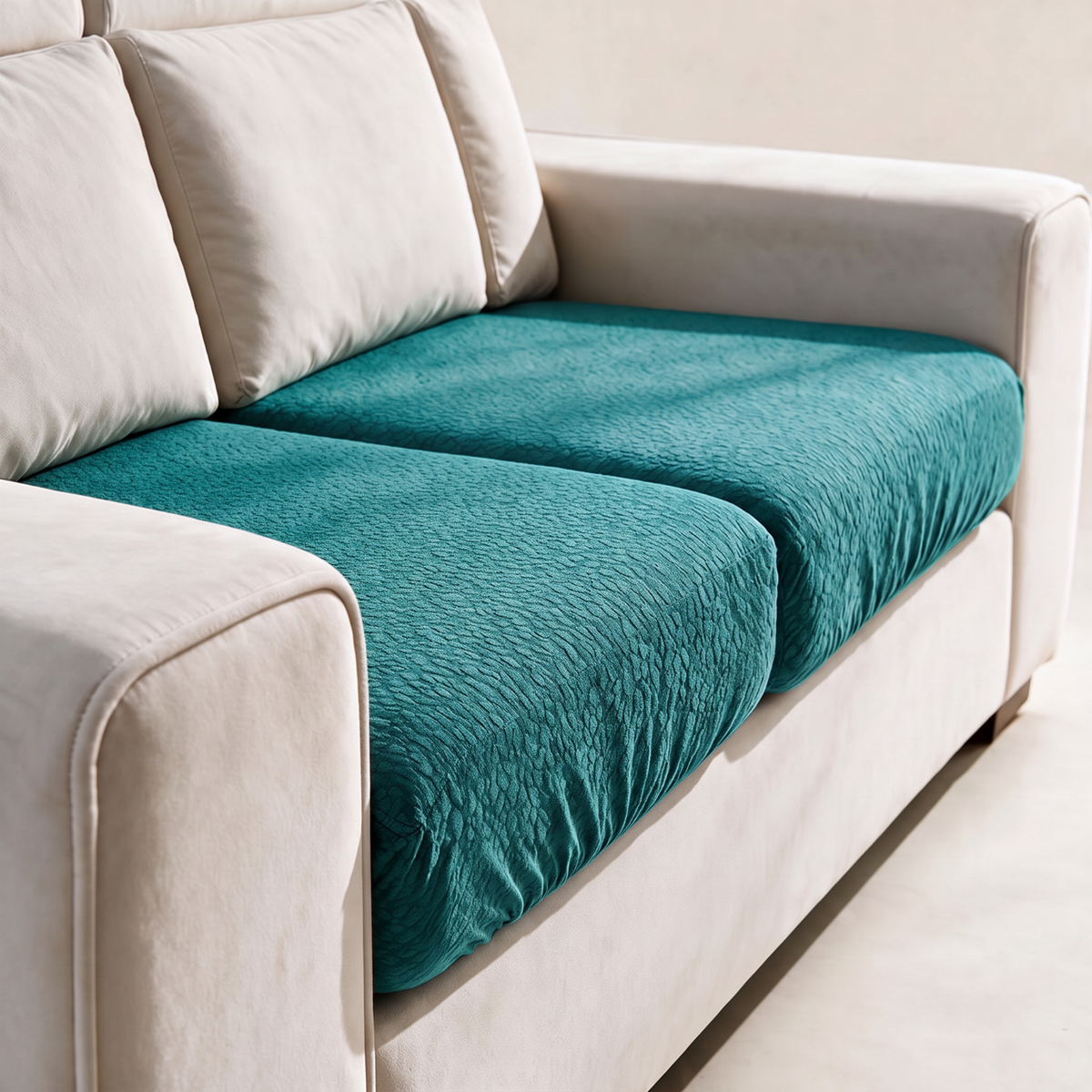 Waterproof Emerald Green fitted sofa cushion covers — A textured, fitted finish