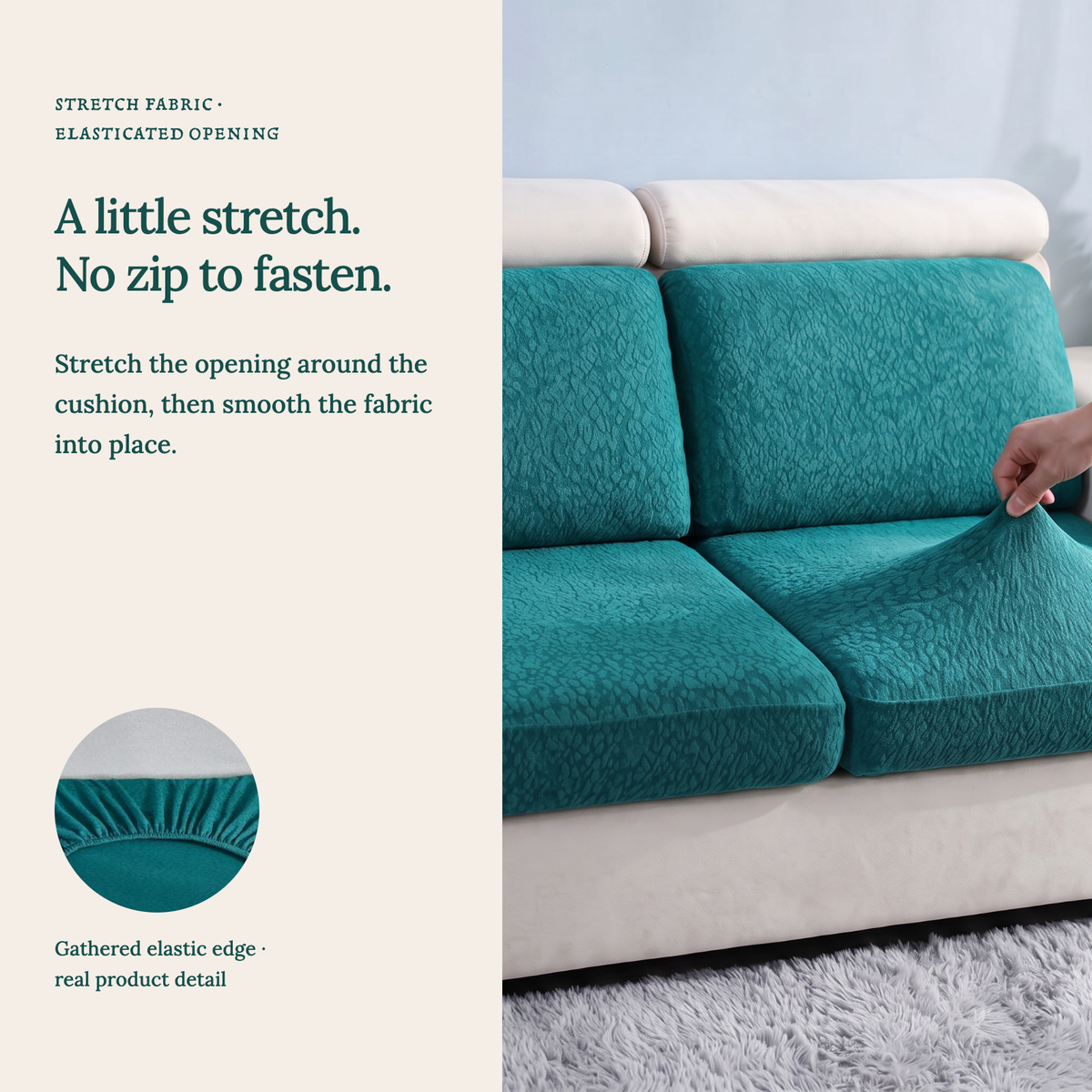 Waterproof Emerald Green fitted sofa cushion covers — A little stretch. No zip to fasten.
