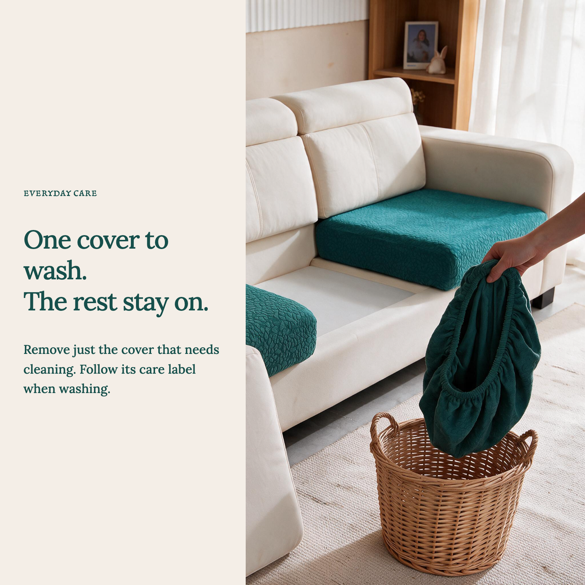 Waterproof Emerald Green fitted sofa cushion covers — One cover to wash. The rest stay on.