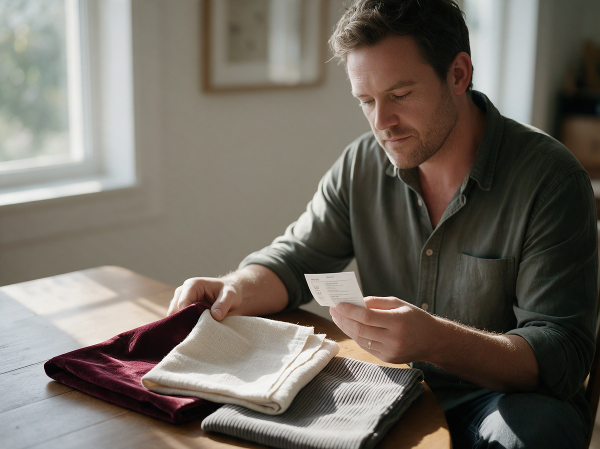 Eliot checking a care label against velvet, linen and corduroy swatches
