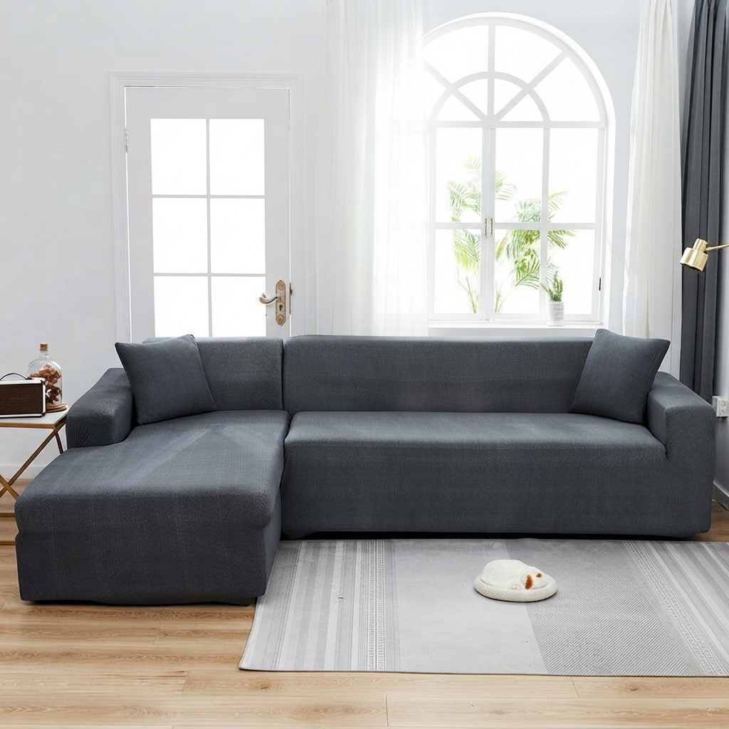 Housse de canapé d'angle extensible anthracite dans un salon lumineux