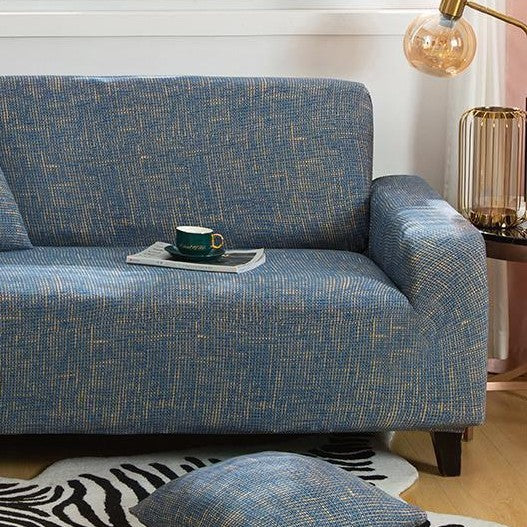 L-Shaped Sofa Cover - Crosshatch - Blue & Gold - Adaptable & Expandable