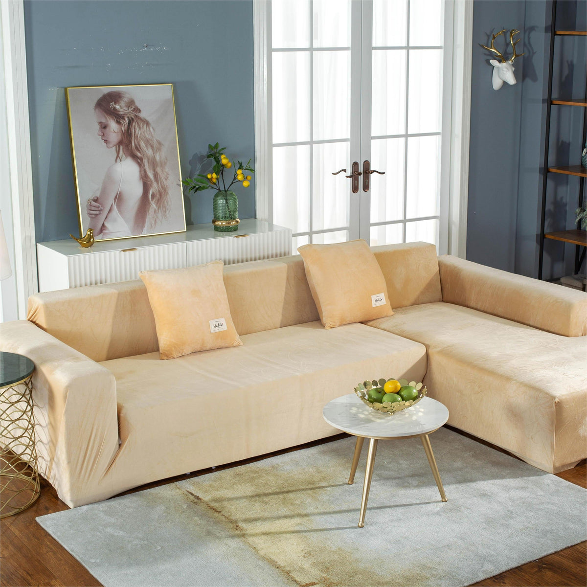 L-Shaped Sofa Cover - Velvet - Beige - Adaptable & Expandable