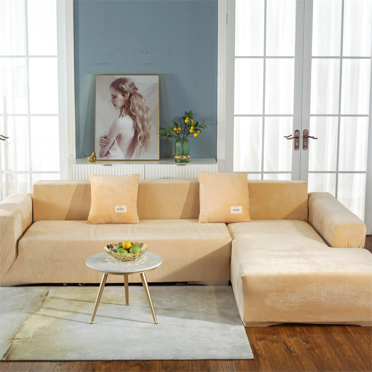 L-Shaped Sofa Cover - Velvet - Beige - Adaptable & Expandable