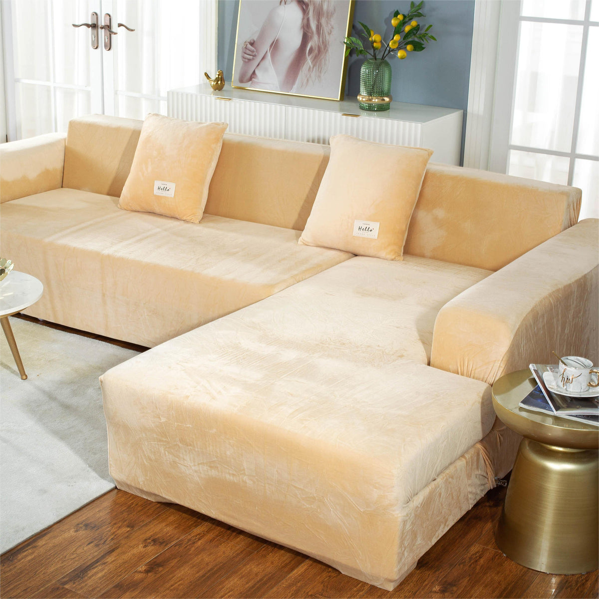 L-Shaped Sofa Cover - Velvet - Beige - Adaptable & Expandable
