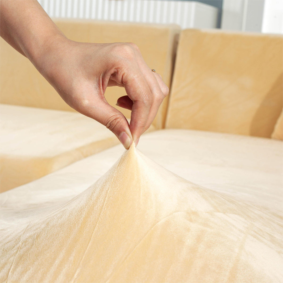 L-Shaped Sofa Cover - Velvet - Beige - Adaptable & Expandable