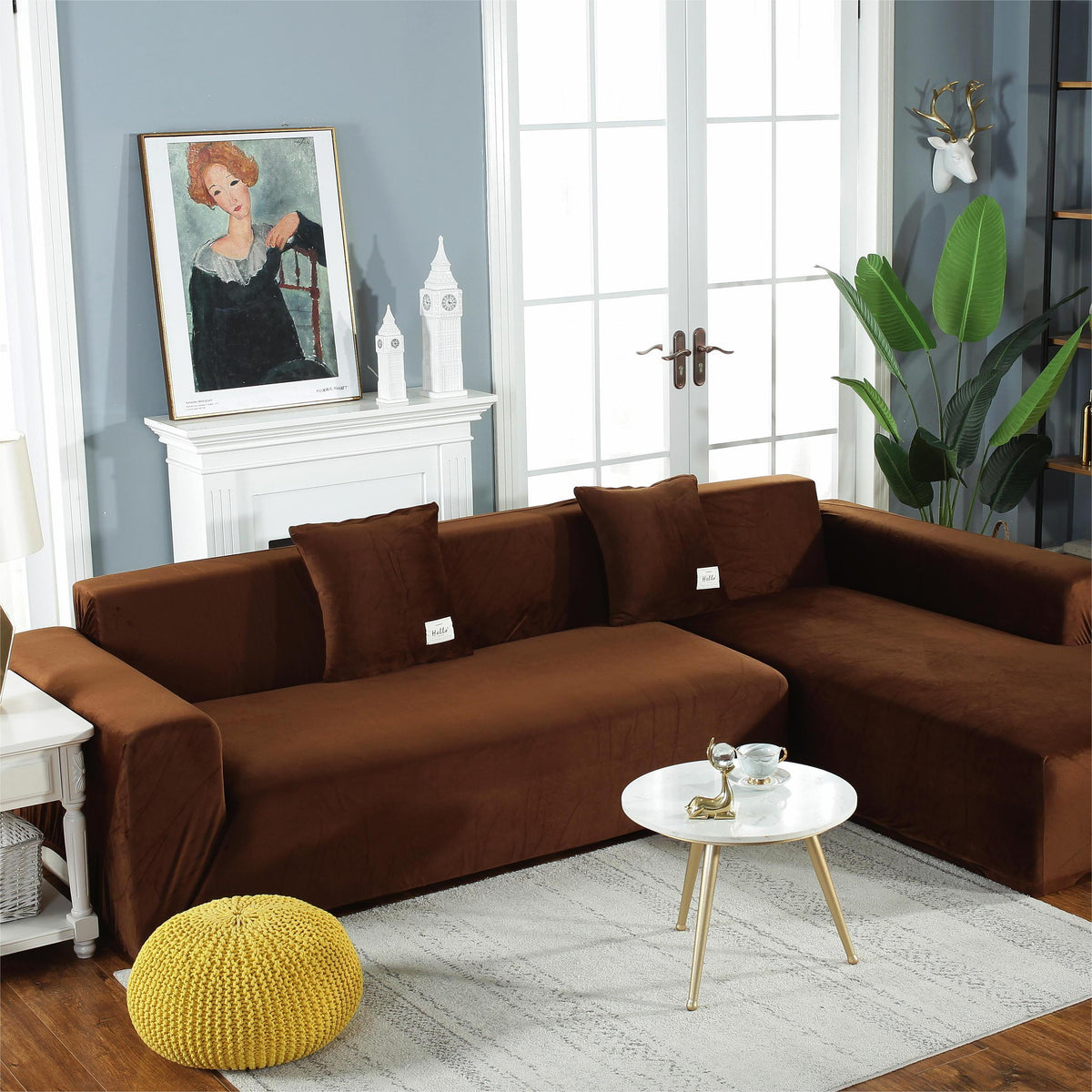 L-Shaped Sofa Cover - Velvet - Brown - Adaptable & Expandable