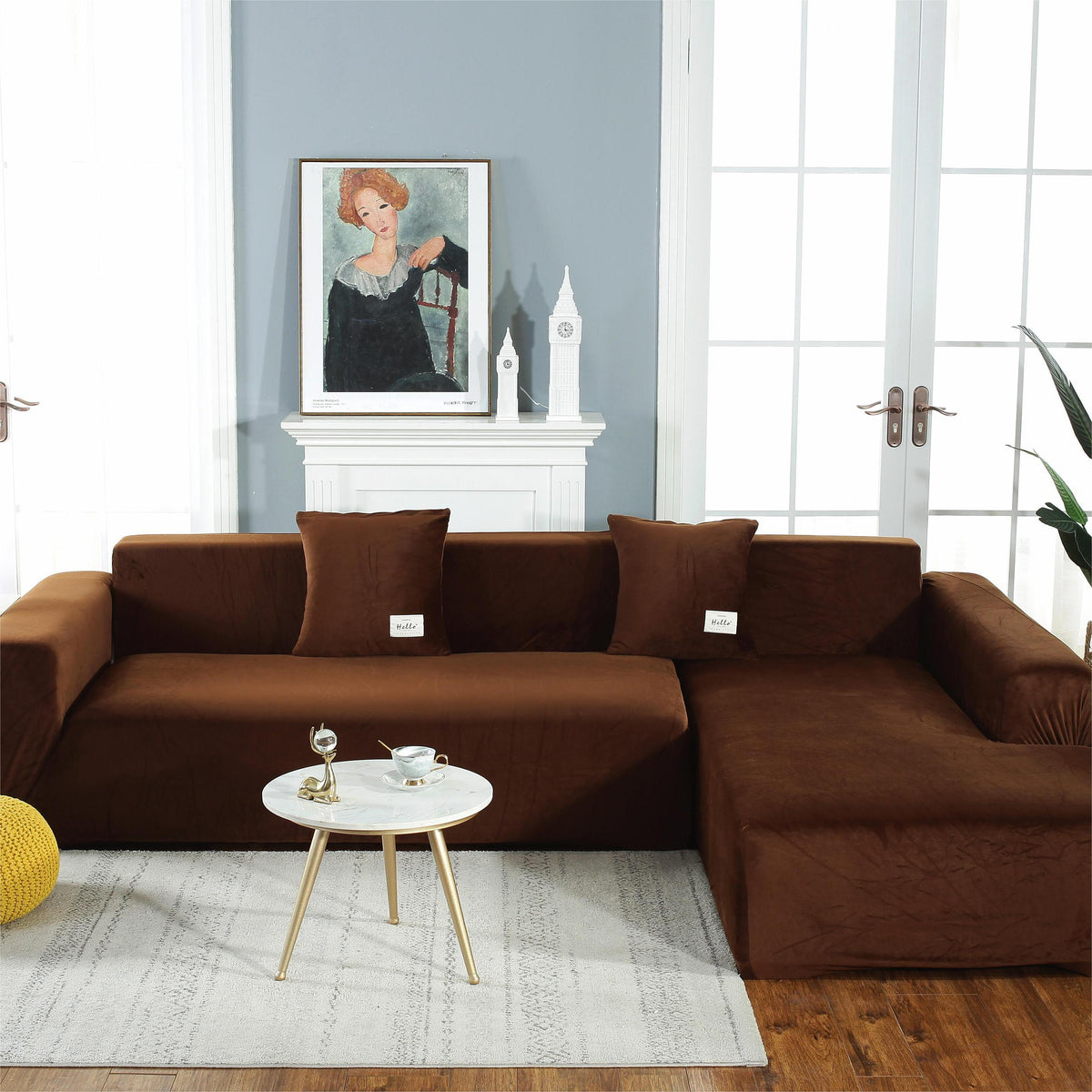 L-Shaped Sofa Cover - Velvet - Brown - Adaptable & Expandable