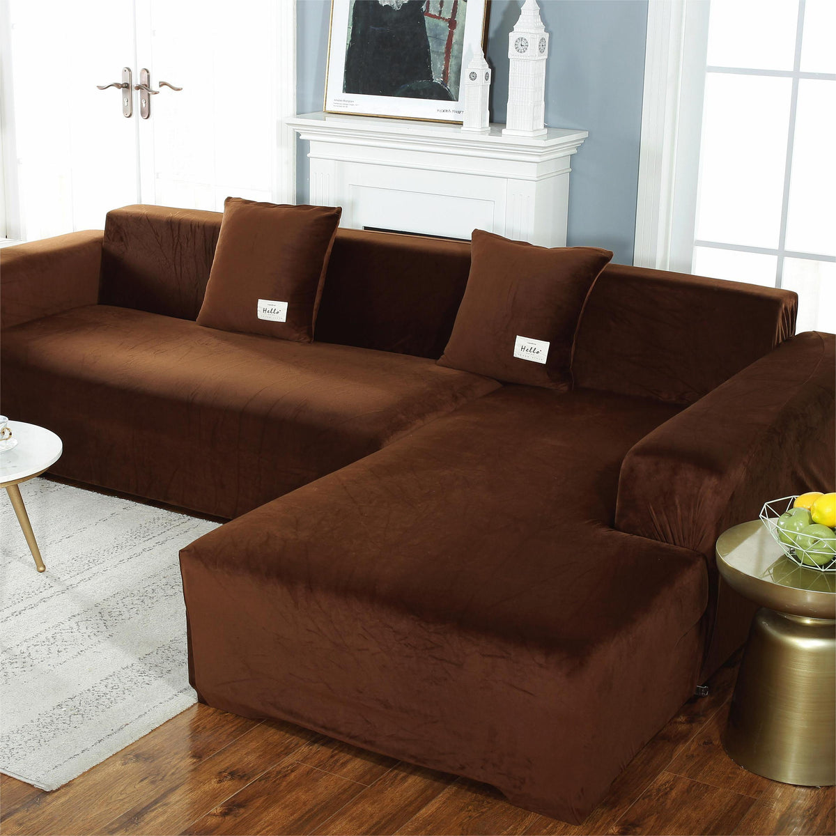 L-Shaped Sofa Cover - Velvet - Brown - Adaptable & Expandable