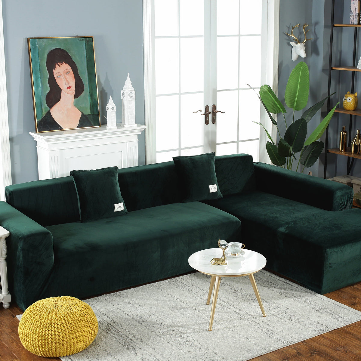 L-Shaped Sofa Cover - Velvet - Dark Green - Adaptable & Expandable