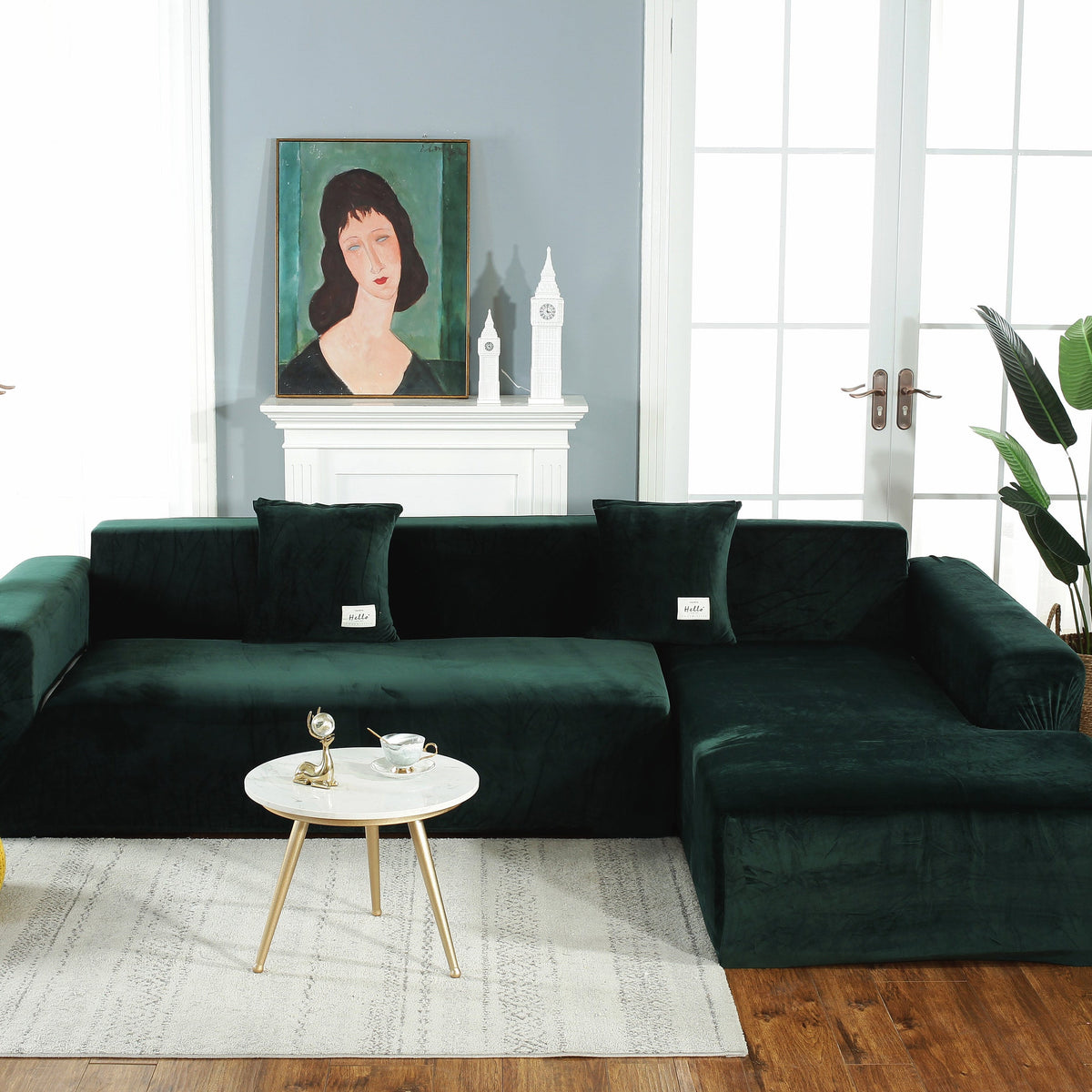 L-Shaped Sofa Cover - Velvet - Dark Green - Adaptable & Expandable