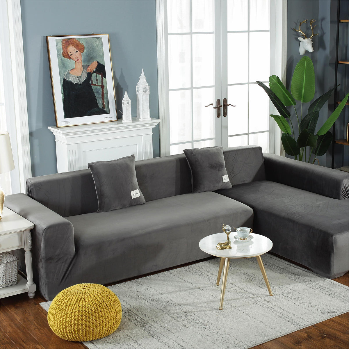 L-Shaped Sofa Cover - Velvet - Grey - Adaptable & Expandable
