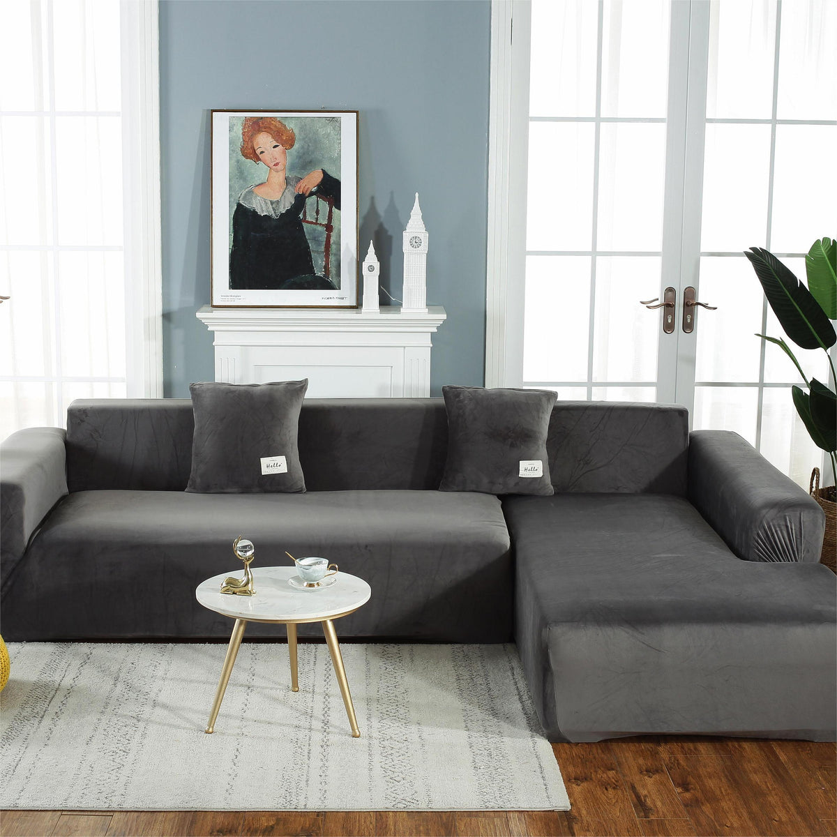 L-Shaped Sofa Cover - Velvet - Grey - Adaptable & Expandable