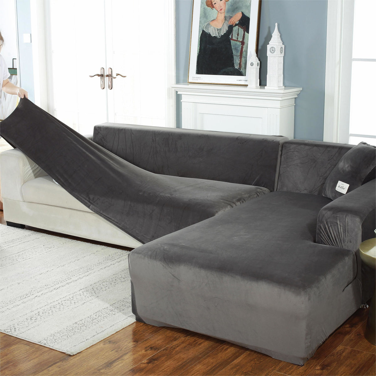 L-Shaped Sofa Cover - Velvet - Grey - Adaptable & Expandable