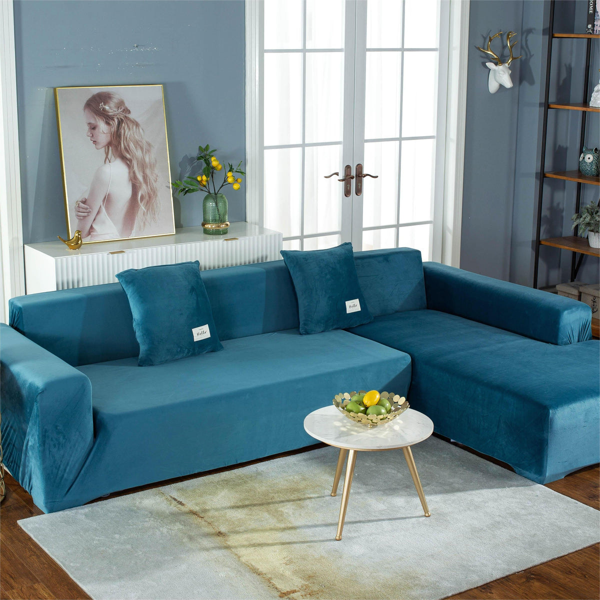 L-Shaped Sofa Cover - Velvet - Lake Blue - Adaptable & Expandable