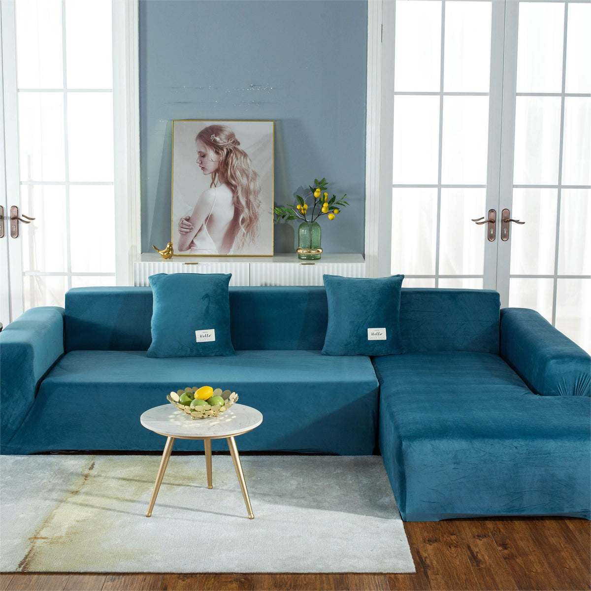 L-Shaped Sofa Cover - Velvet - Lake Blue - Adaptable & Expandable