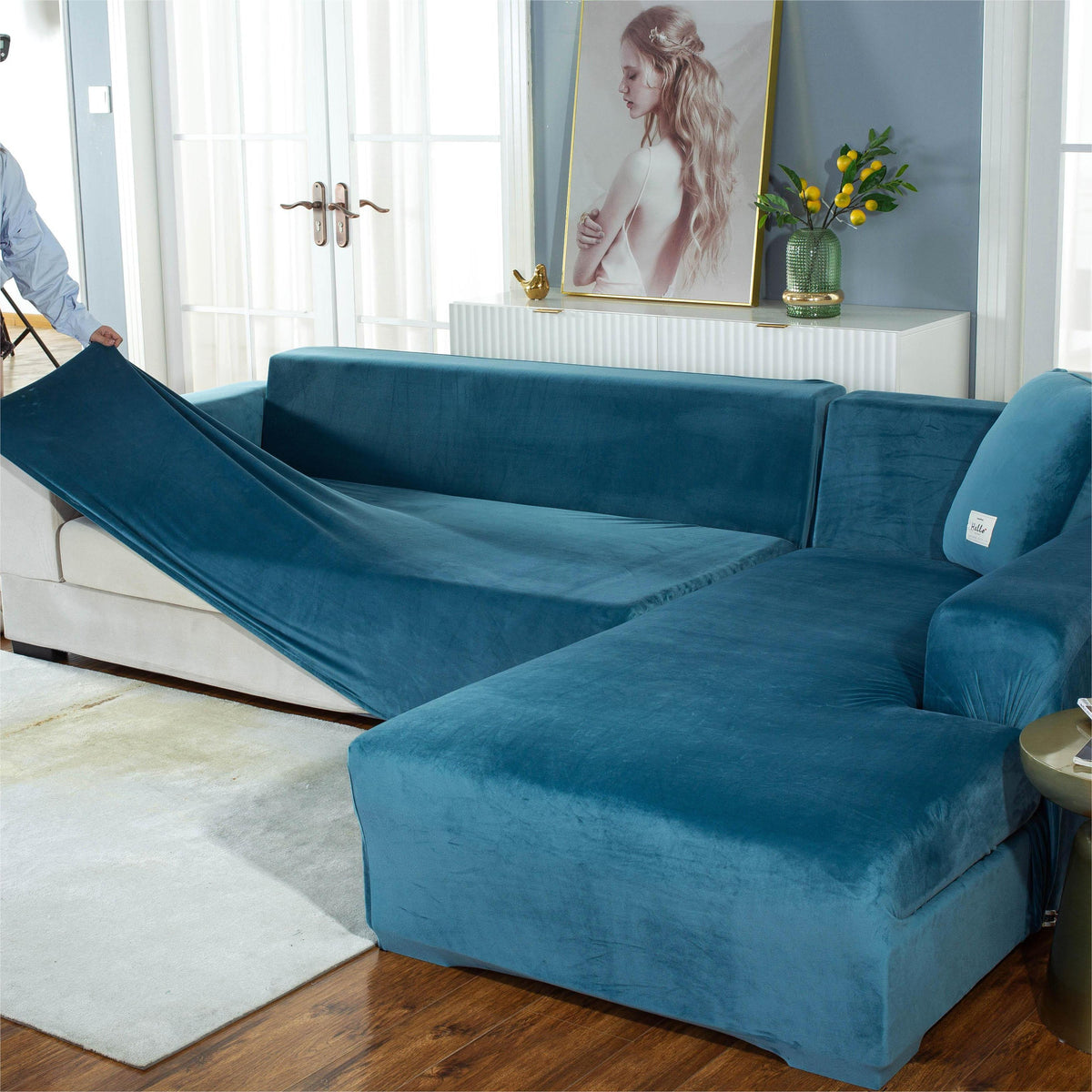 L-Shaped Sofa Cover - Velvet - Lake Blue - Adaptable & Expandable