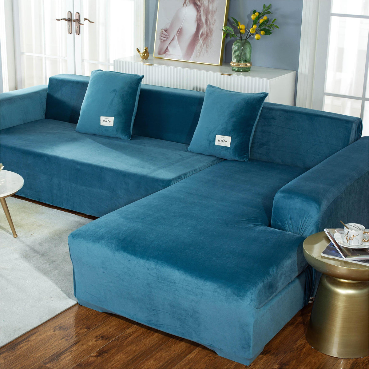 L-Shaped Sofa Cover - Velvet - Lake Blue - Adaptable & Expandable