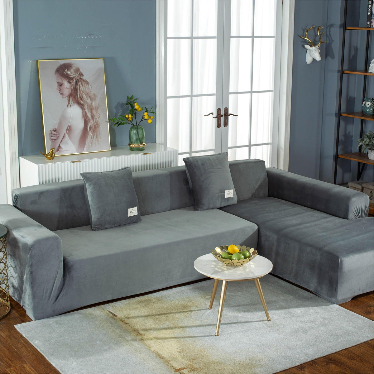 L-Shaped Sofa Cover - Velvet - Light Grey - Adaptable & Expandable