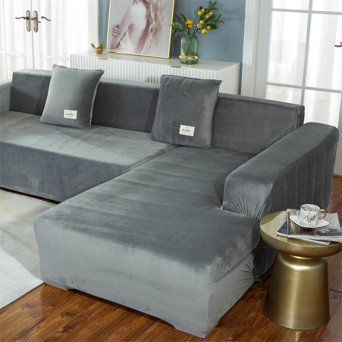 L-Shaped Sofa Cover - Velvet - Light Grey - Adaptable & Expandable