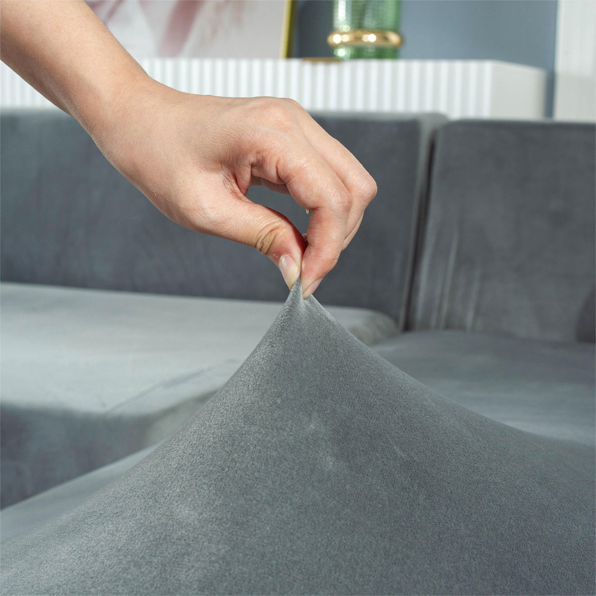 L-Shaped Sofa Cover - Velvet - Light Grey - Adaptable & Expandable