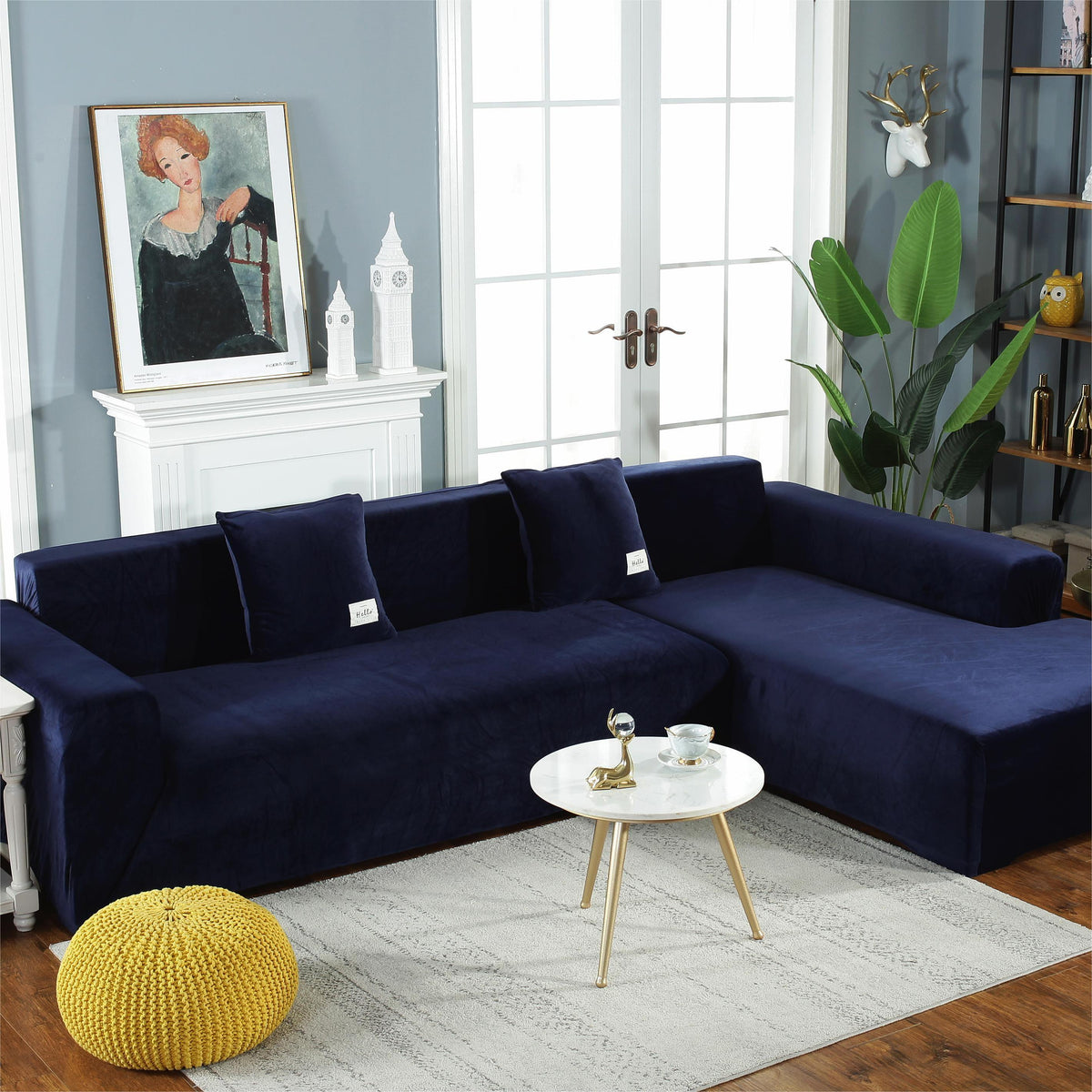 L-Shaped Sofa Cover - Velvet - Navy Blue - Adaptable & Expandable