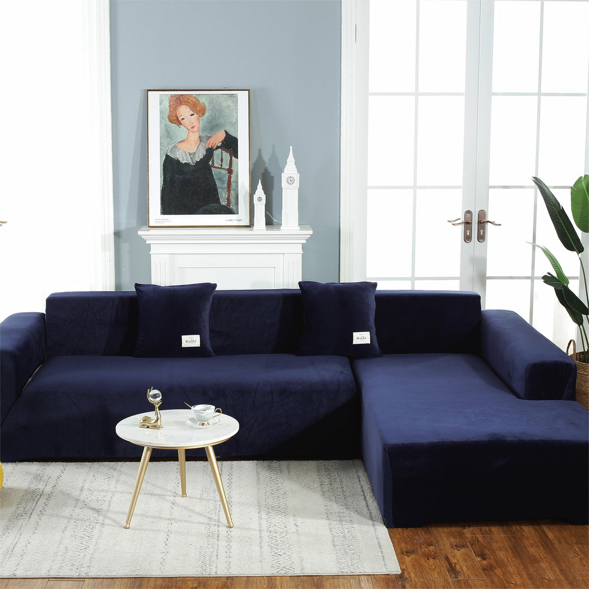 L-Shaped Sofa Cover - Velvet - Navy Blue - Adaptable & Expandable