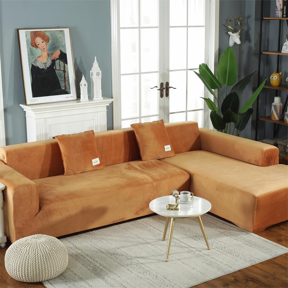 L-Shaped Sofa Cover - Velvet - Orange - Adaptable & Expandable