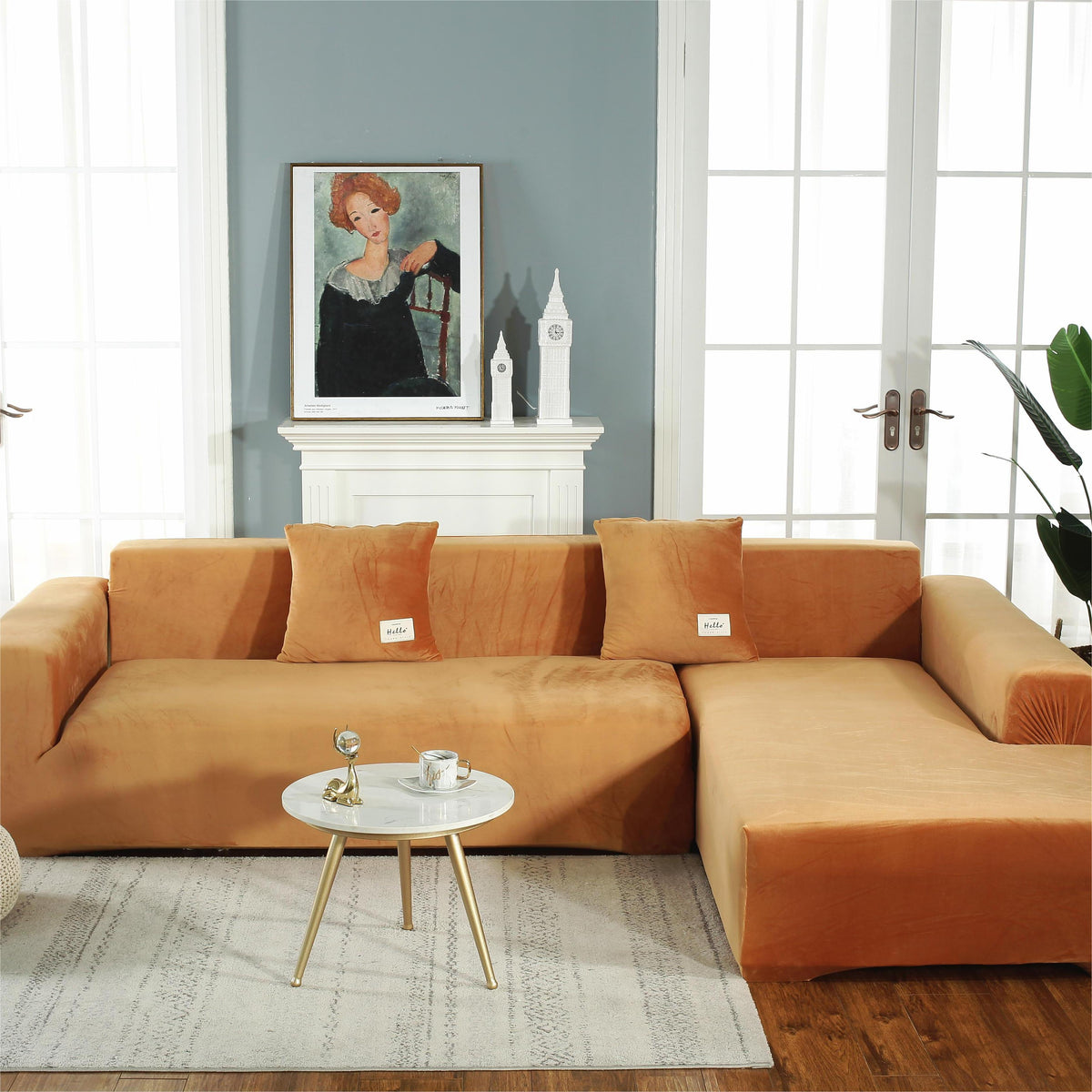 L-Shaped Sofa Cover - Velvet - Orange - Adaptable & Expandable