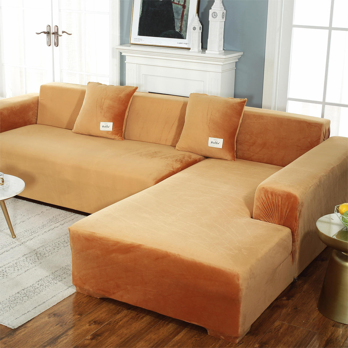 L-Shaped Sofa Cover - Velvet - Orange - Adaptable & Expandable