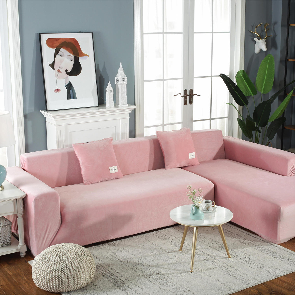 L-Shaped Sofa Cover - Velvet - Pink - Adaptable & Expandable