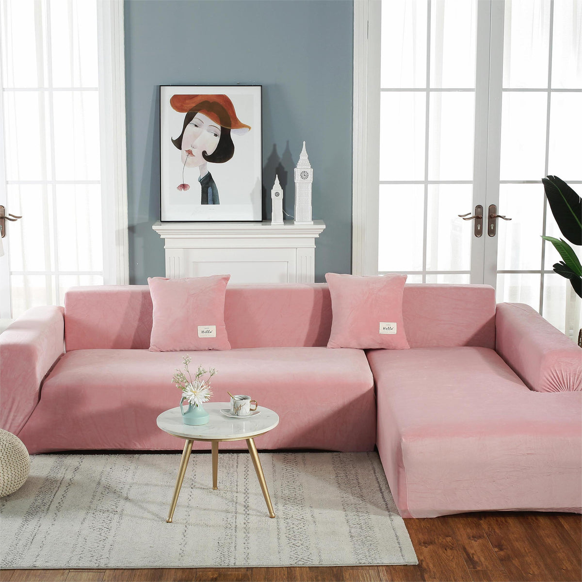 L-Shaped Sofa Cover - Velvet - Pink - Adaptable & Expandable