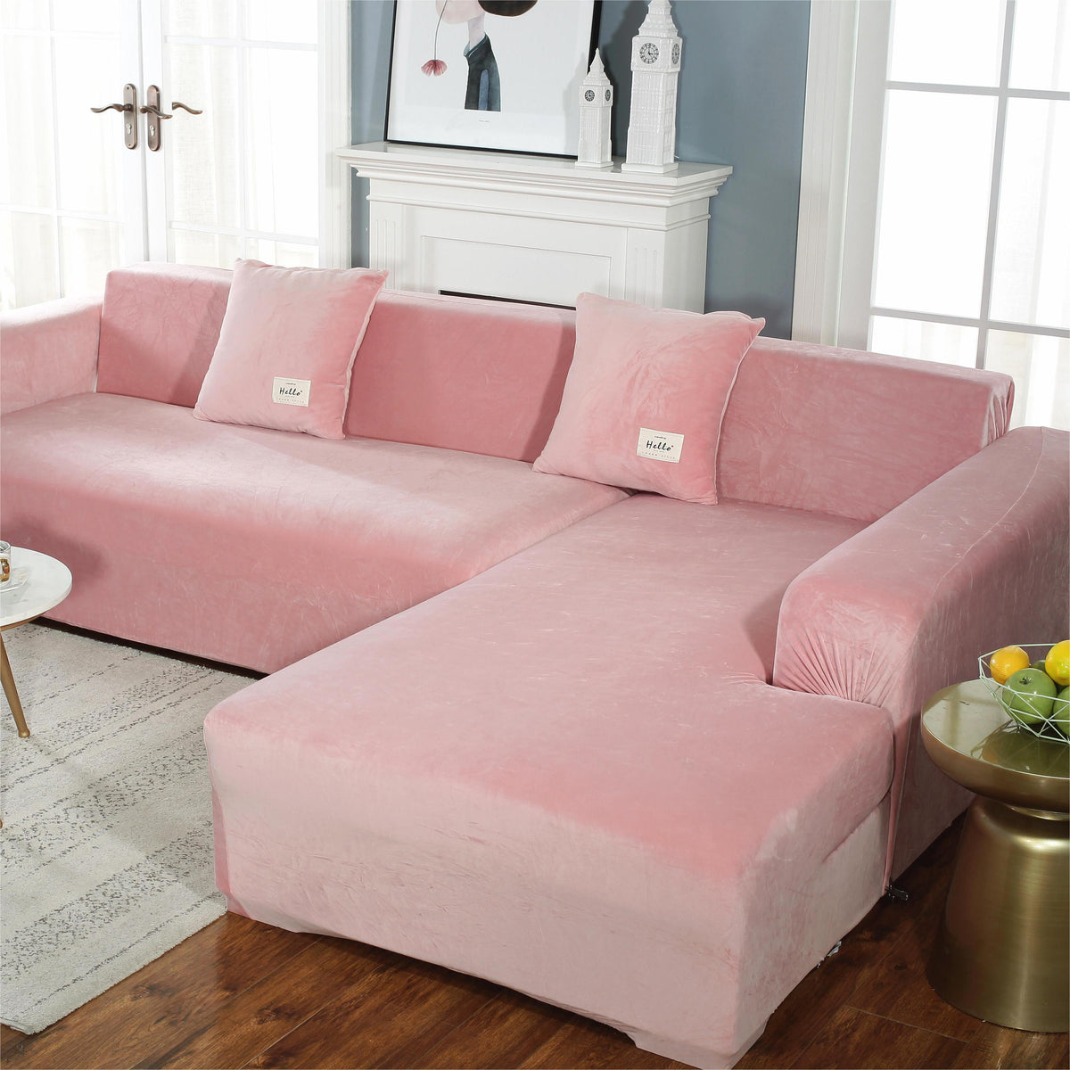 L-Shaped Sofa Cover - Velvet - Pink - Adaptable & Expandable