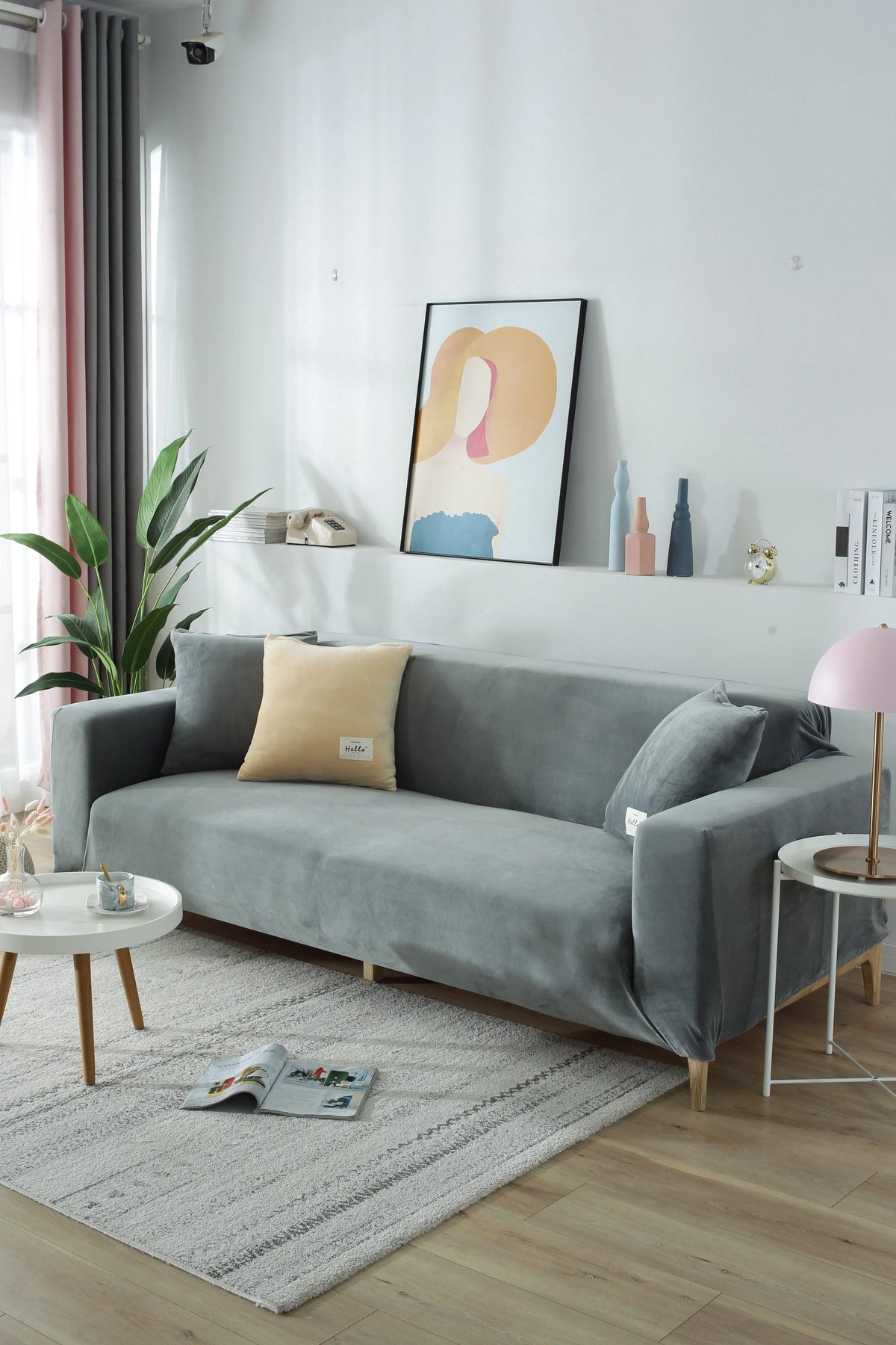 Couch Cover - Velvet - Light Grey - Adaptable & Expandable