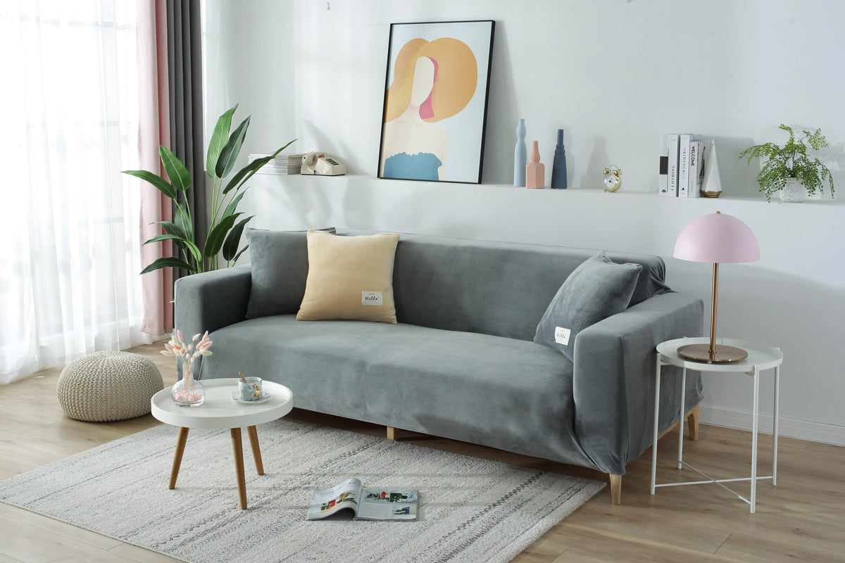 Couch Cover - Velvet - Light Grey - Adaptable & Expandable
