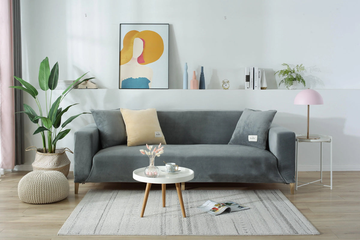 Couch Cover - Velvet - Light Grey - Adaptable & Expandable