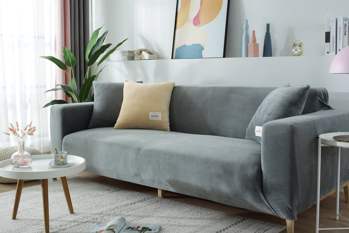 Couch Cover - Velvet - Light Grey - Adaptable & Expandable
